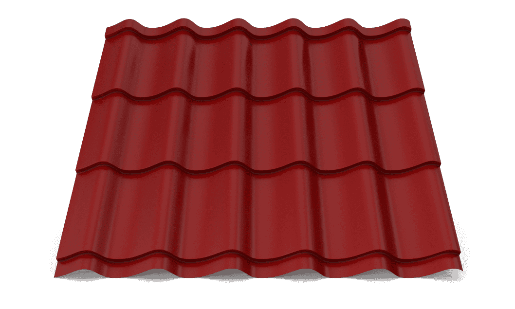 Red metal roofing tile for residential and commercial buildings.
