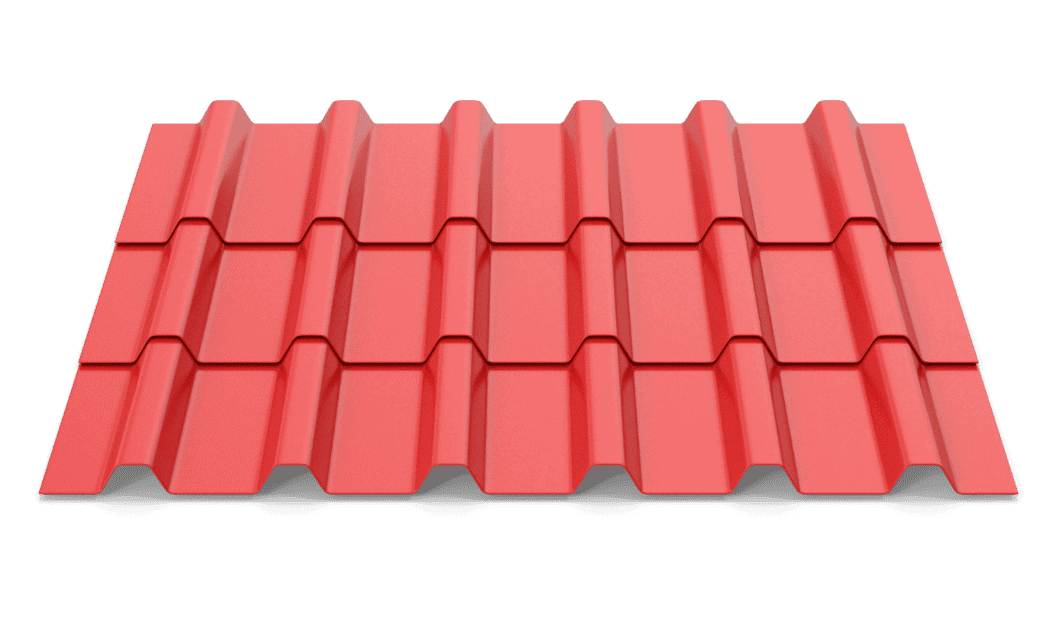 Red metal roofing tile for residential and commercial buildings.