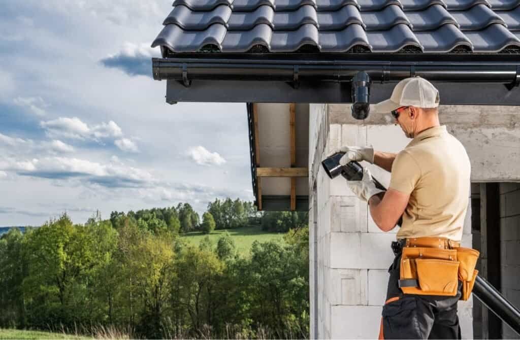 Roofing professional inspecting a residential roof with a drone.